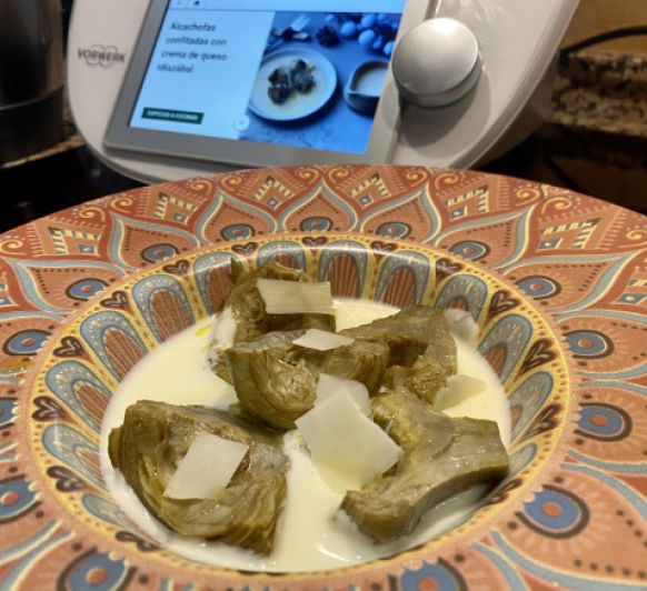 Alcachofas confitadas con crema de queso Idiazábal Con Thermomix®